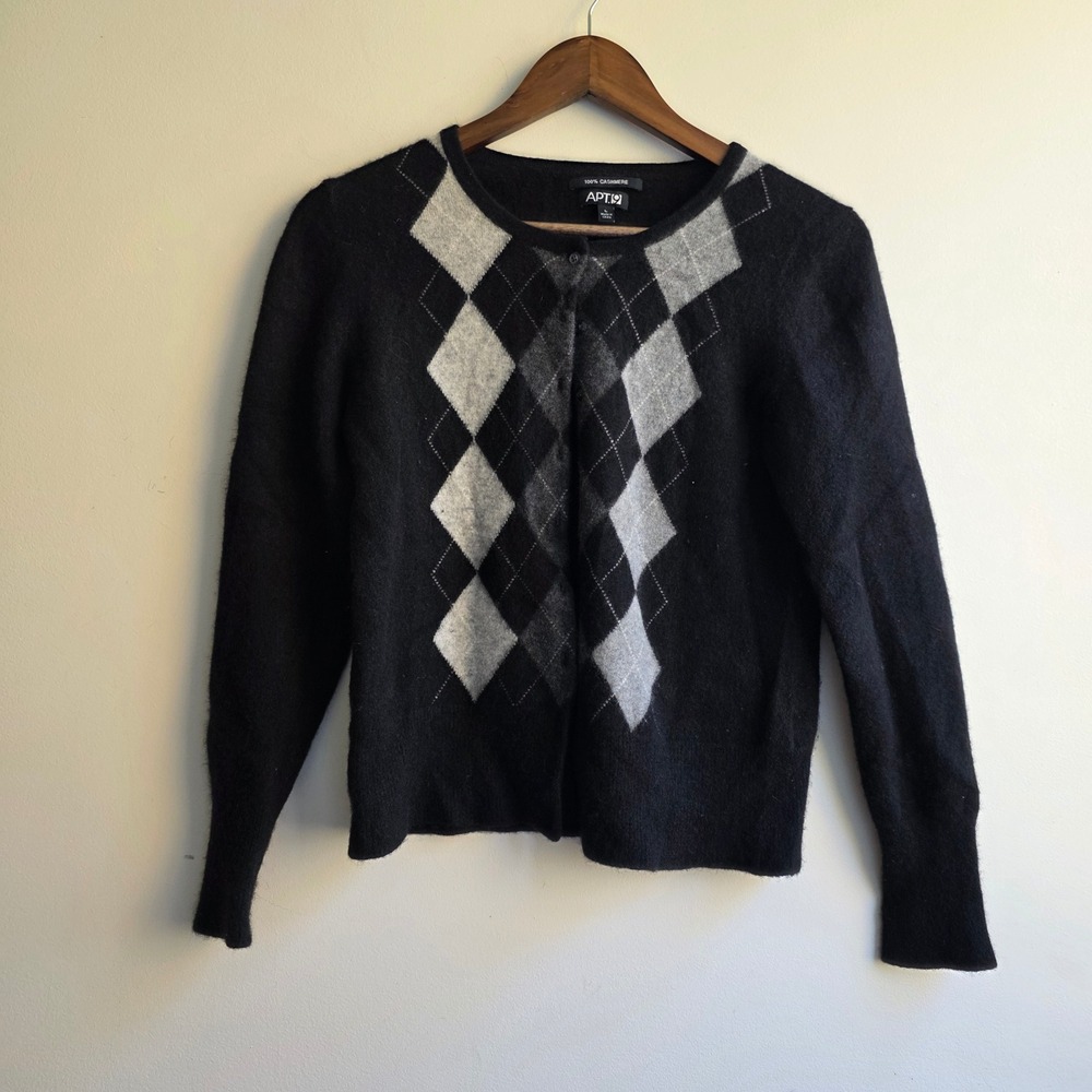 Apt. 9 Cashmere Argyle Cardigan Sweater Black Grey Preppy Academia Old Money L